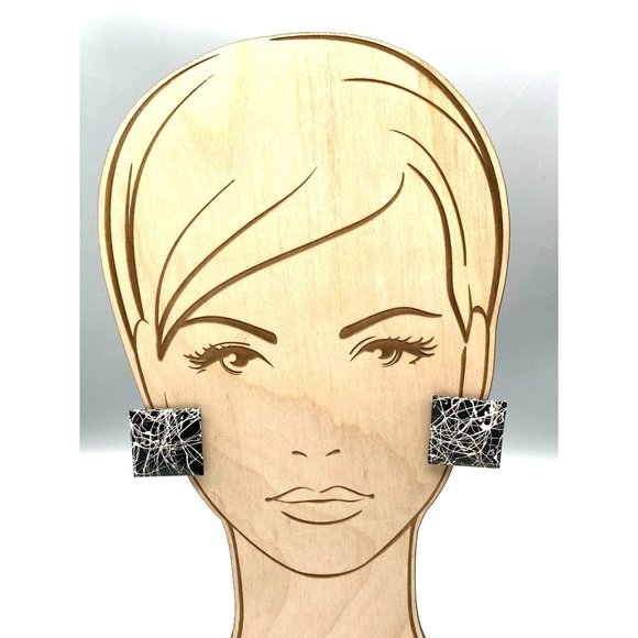Retro Black and White Splatter Earrings, Vintage Artistic 80s Square Studs - Picture 1 of 5